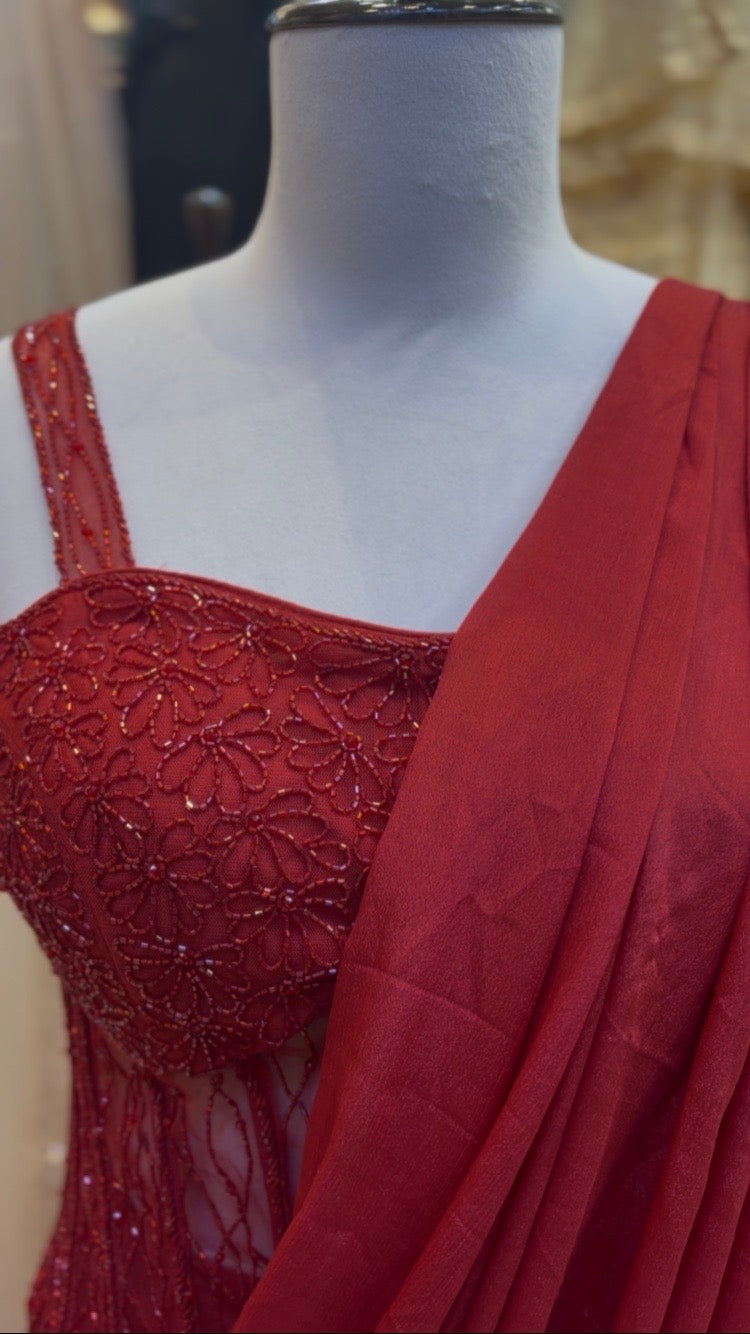 crimson red corset drape lehenga