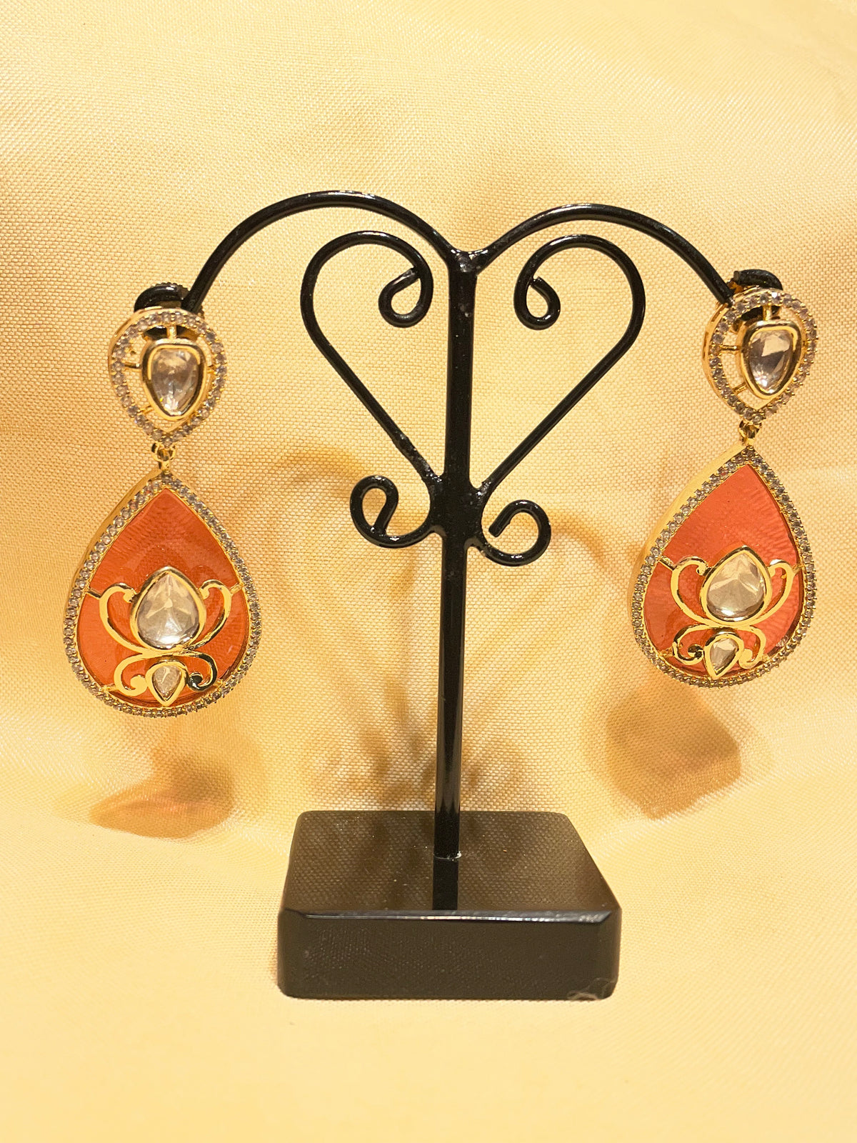Orange/Coral Meenakari Teardrop Kundan Earrings / Peach Enamel Polki Drop Earrings