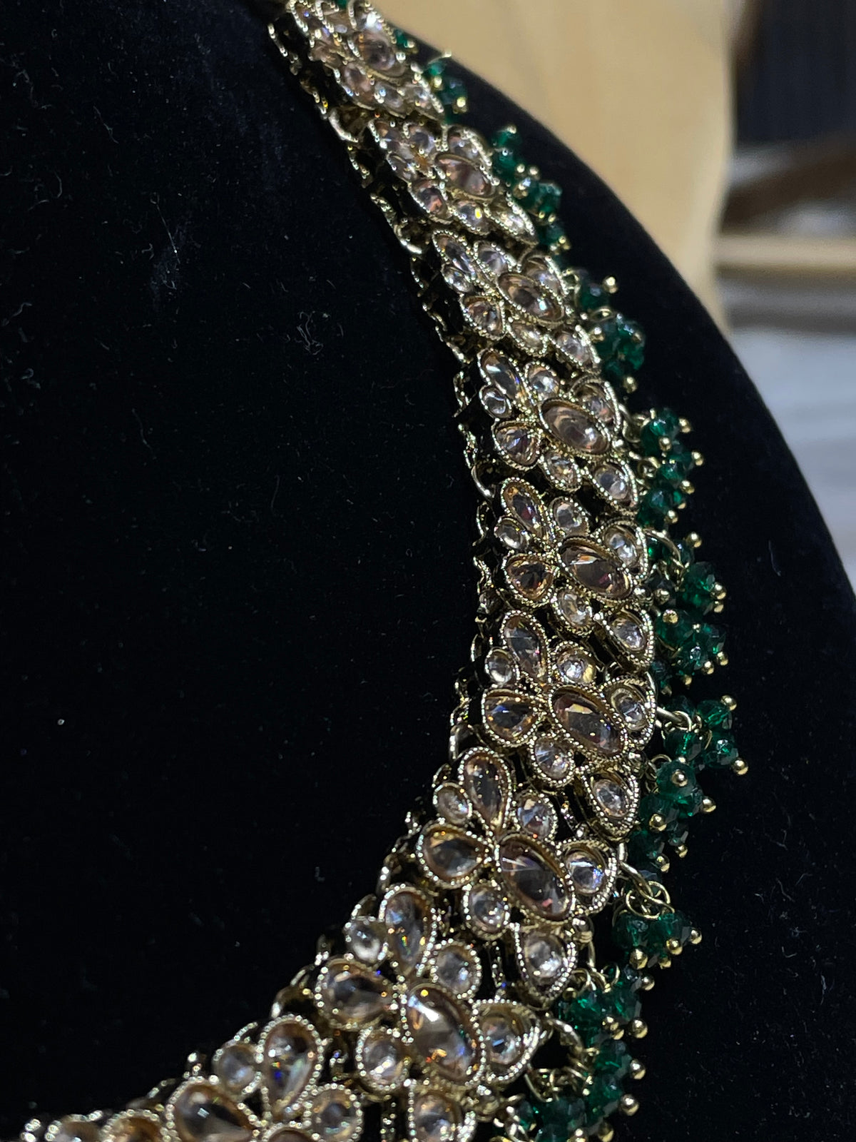 Kundan / Polki Jewelry Set with Green Bead Drops (Necklace, Earrings, and Maang Tikka)