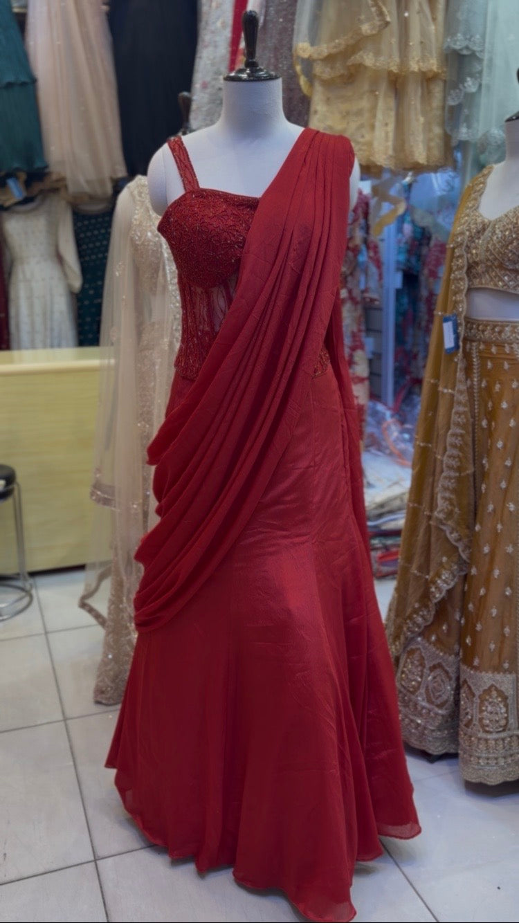 crimson red corset drape lehenga