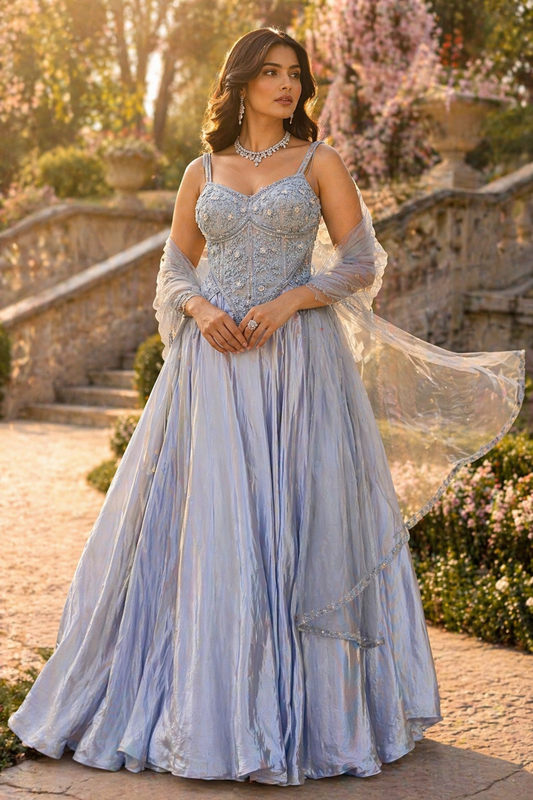 Soft blue corset plain skirt lehenga