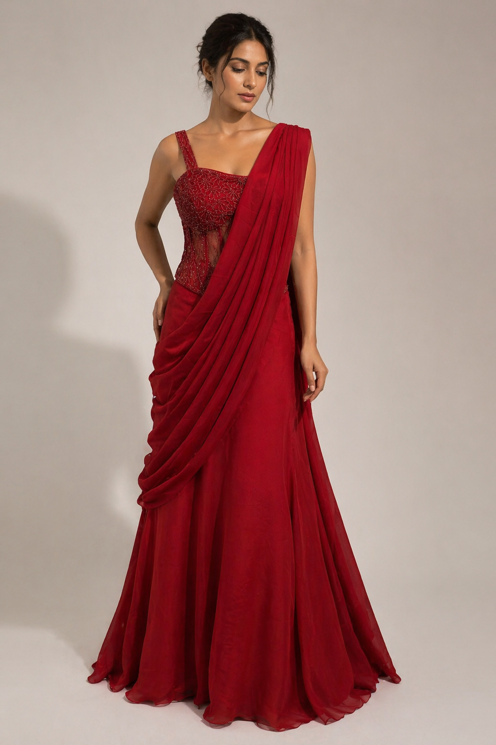 crimson red corset drape lehenga