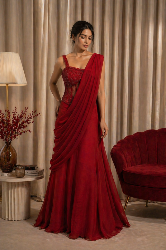 crimson red corset drape lehenga