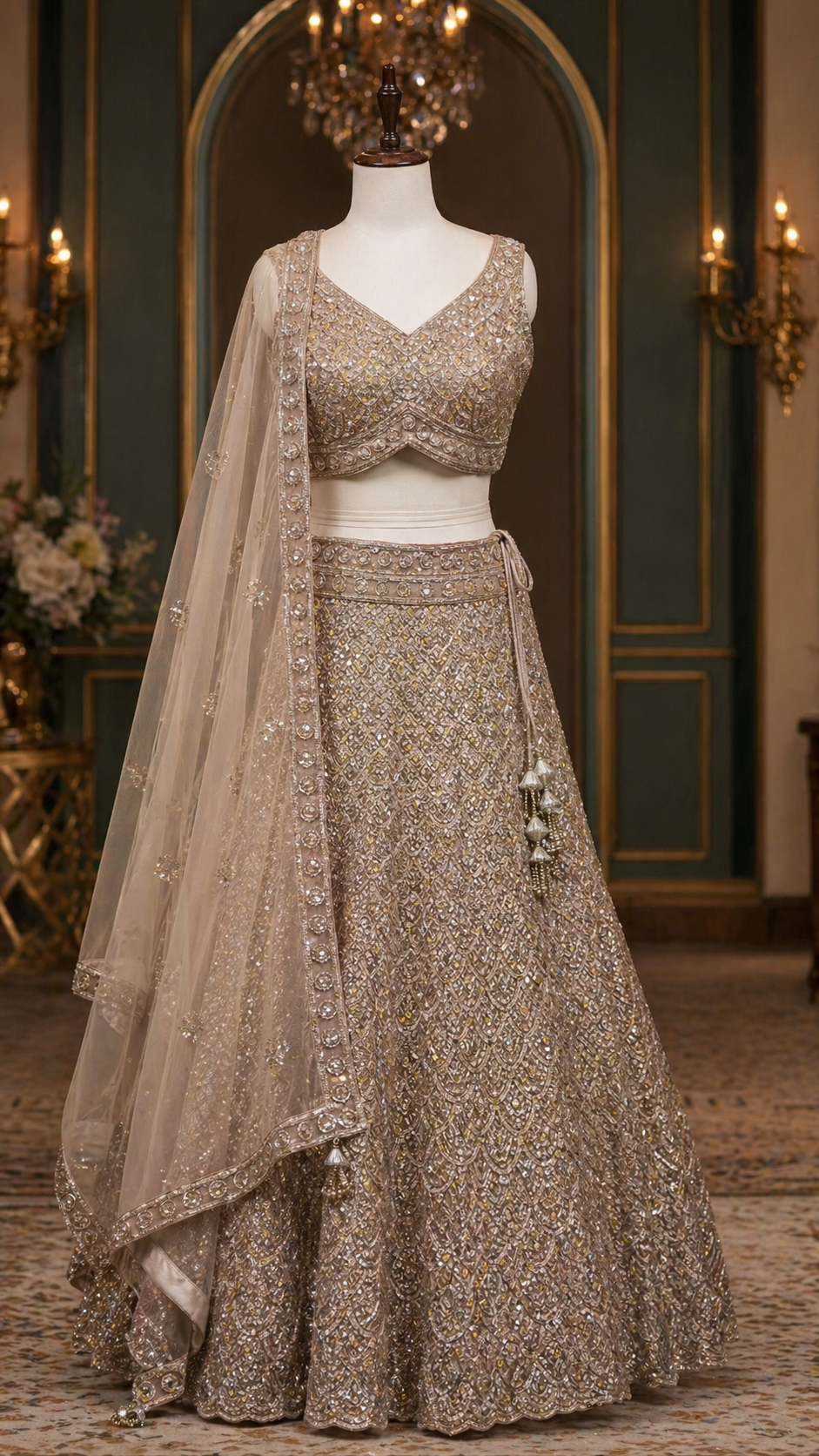 champagne gold heavy bids work lehenga