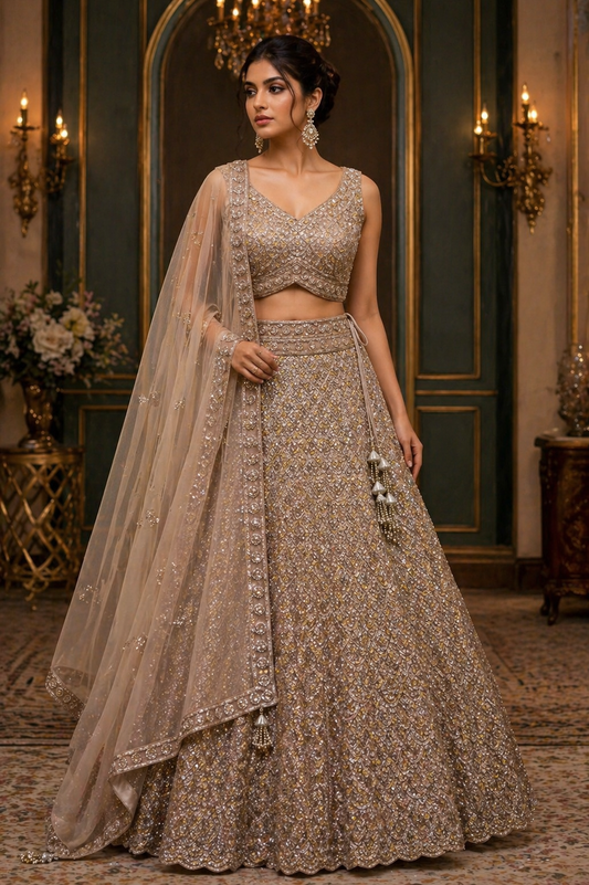 champagne gold heavy bids work lehenga