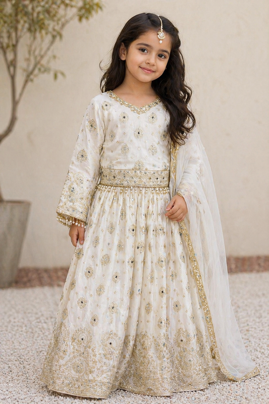 Off white brocade lehenga for kids