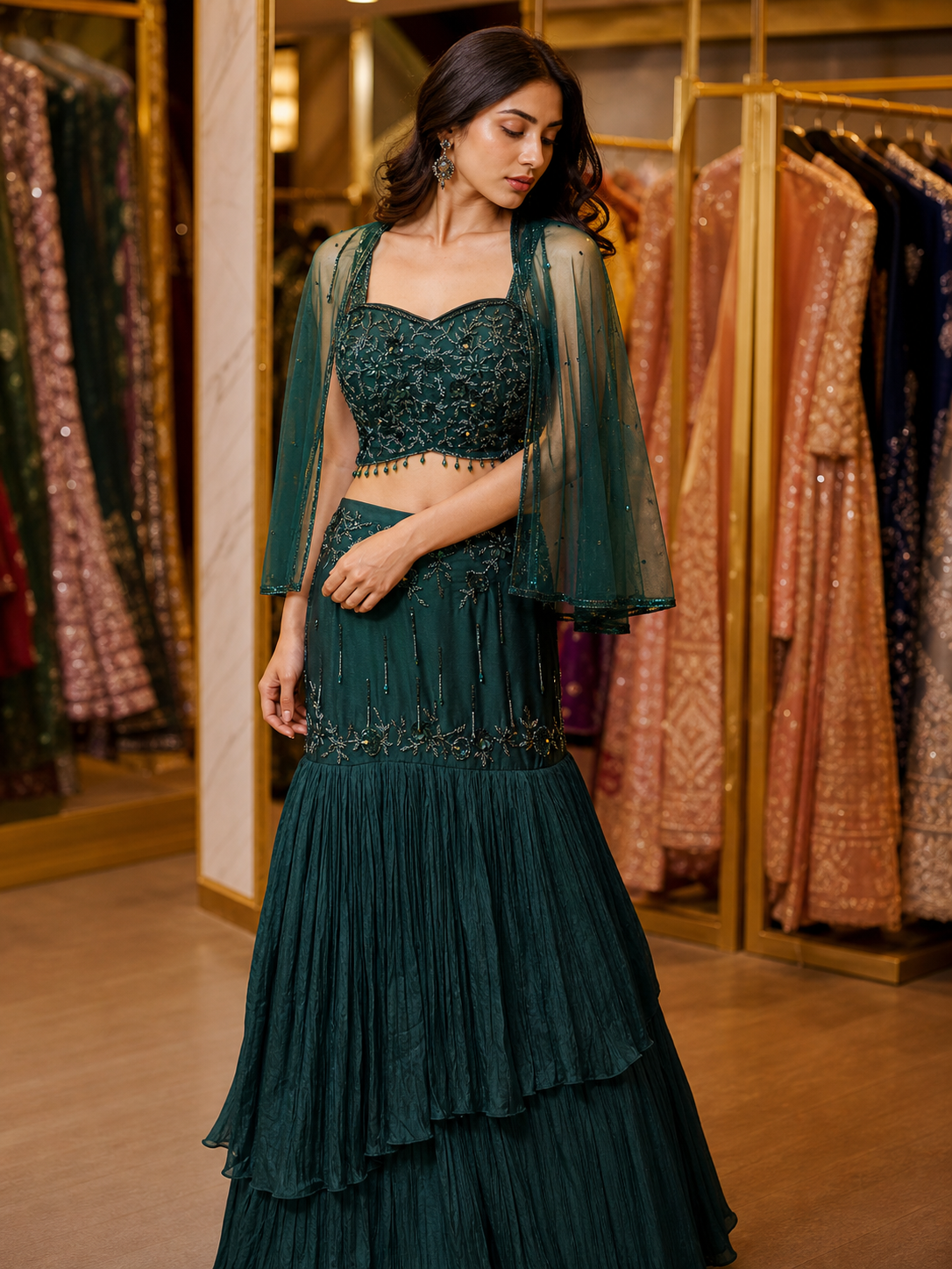 fish cut emrald green lehnega with jacket