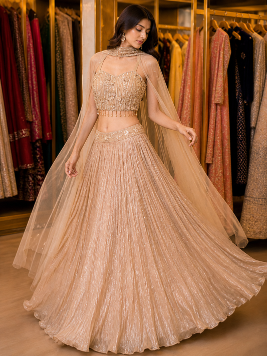 champagne gold with plain skirt lehenga and cape dupatta