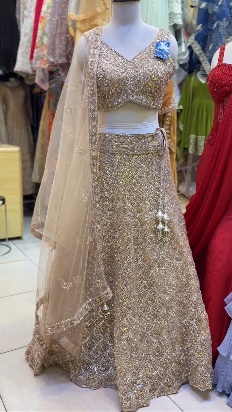 champagne gold heavy bids work lehenga