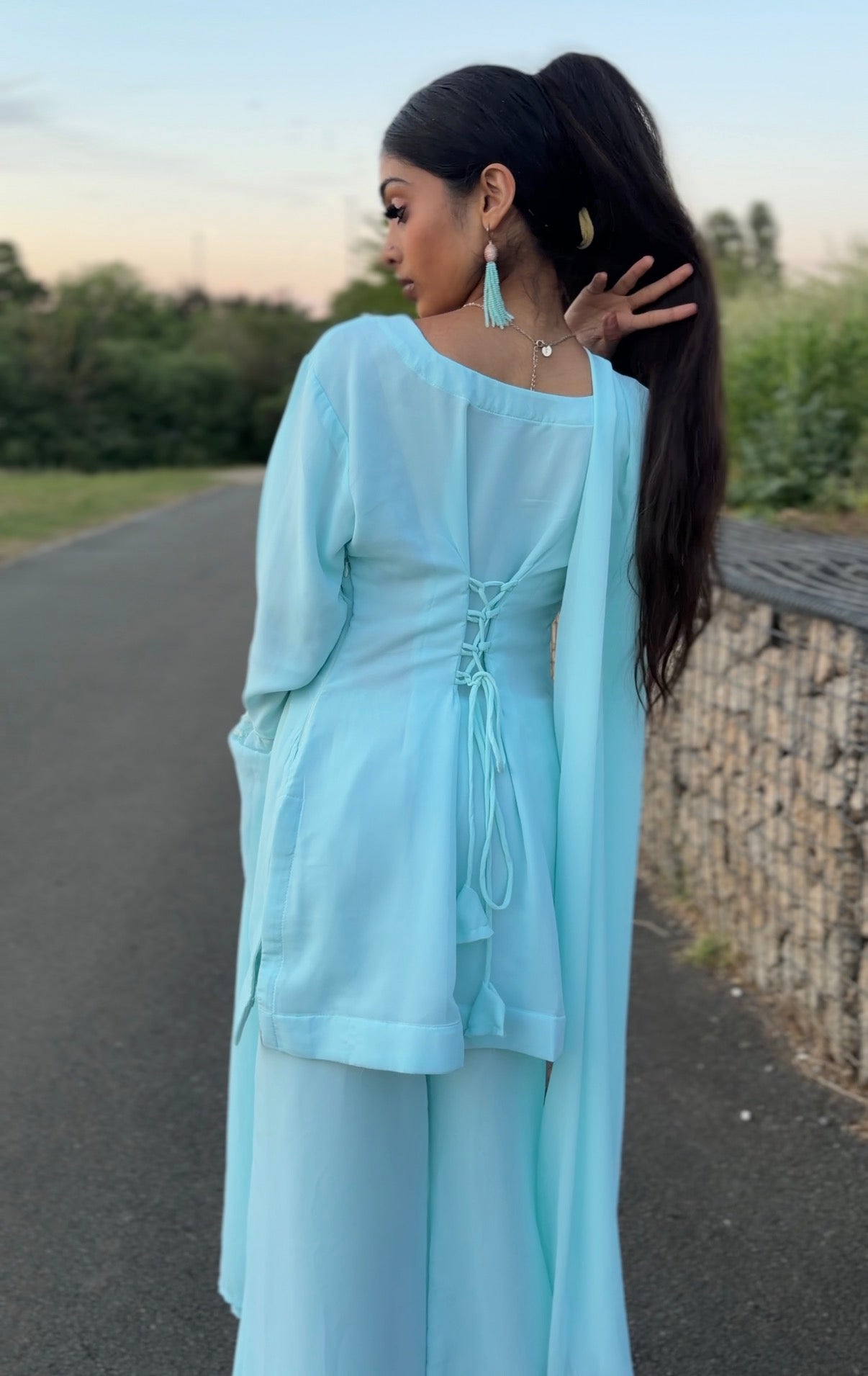 Sky Blue 90s Style Kurti Set for Women – Pakistani Co-Ord Outfit – Y2K Indian Party Wear
