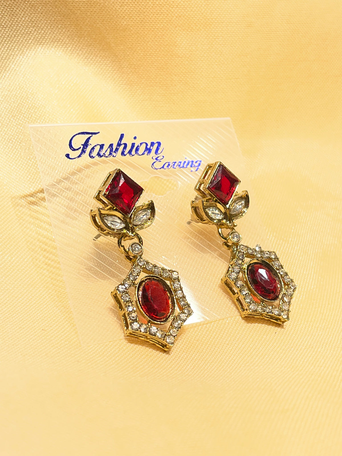 Gold-Toned Red Stone Drop / Dangle FashionEarrings