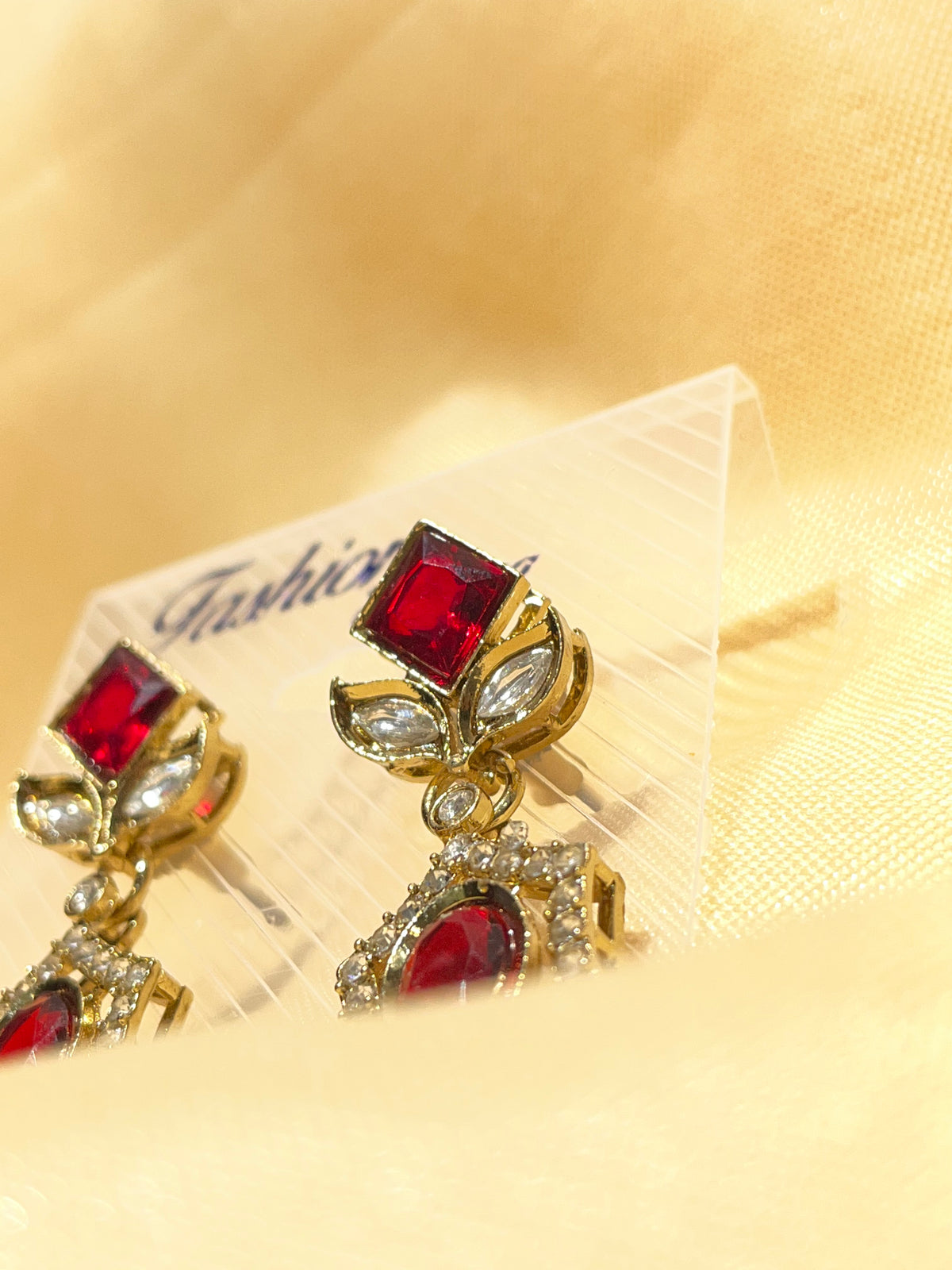 Gold-Toned Red Stone Drop / Dangle FashionEarrings