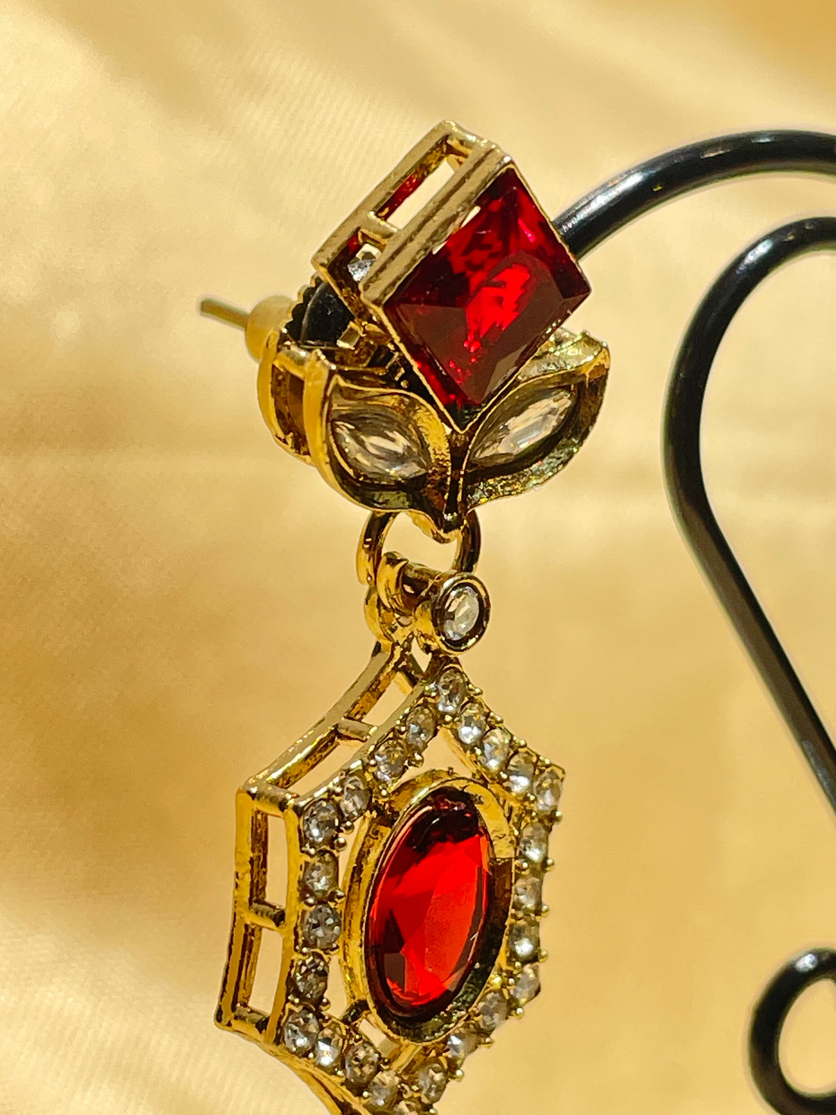 Gold-Toned Red Stone Drop / Dangle FashionEarrings