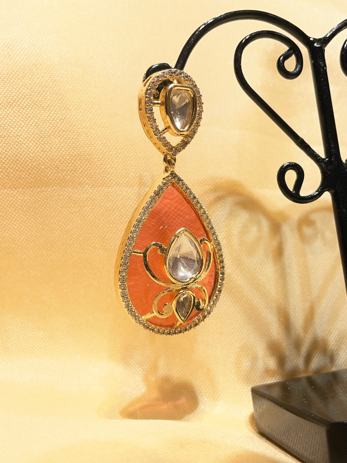 Orange/Coral Meenakari Teardrop Kundan Earrings / Peach Enamel Polki Drop Earrings