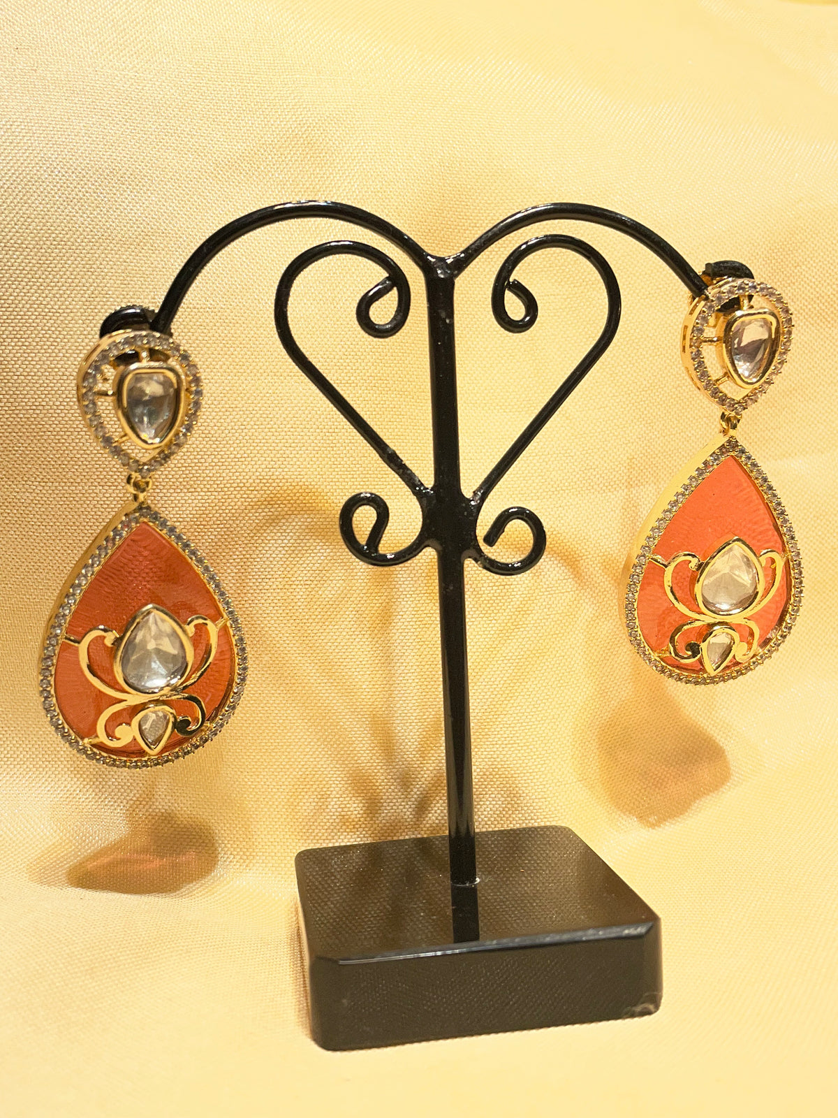 Orange/Coral Meenakari Teardrop Kundan Earrings / Peach Enamel Polki Drop Earrings