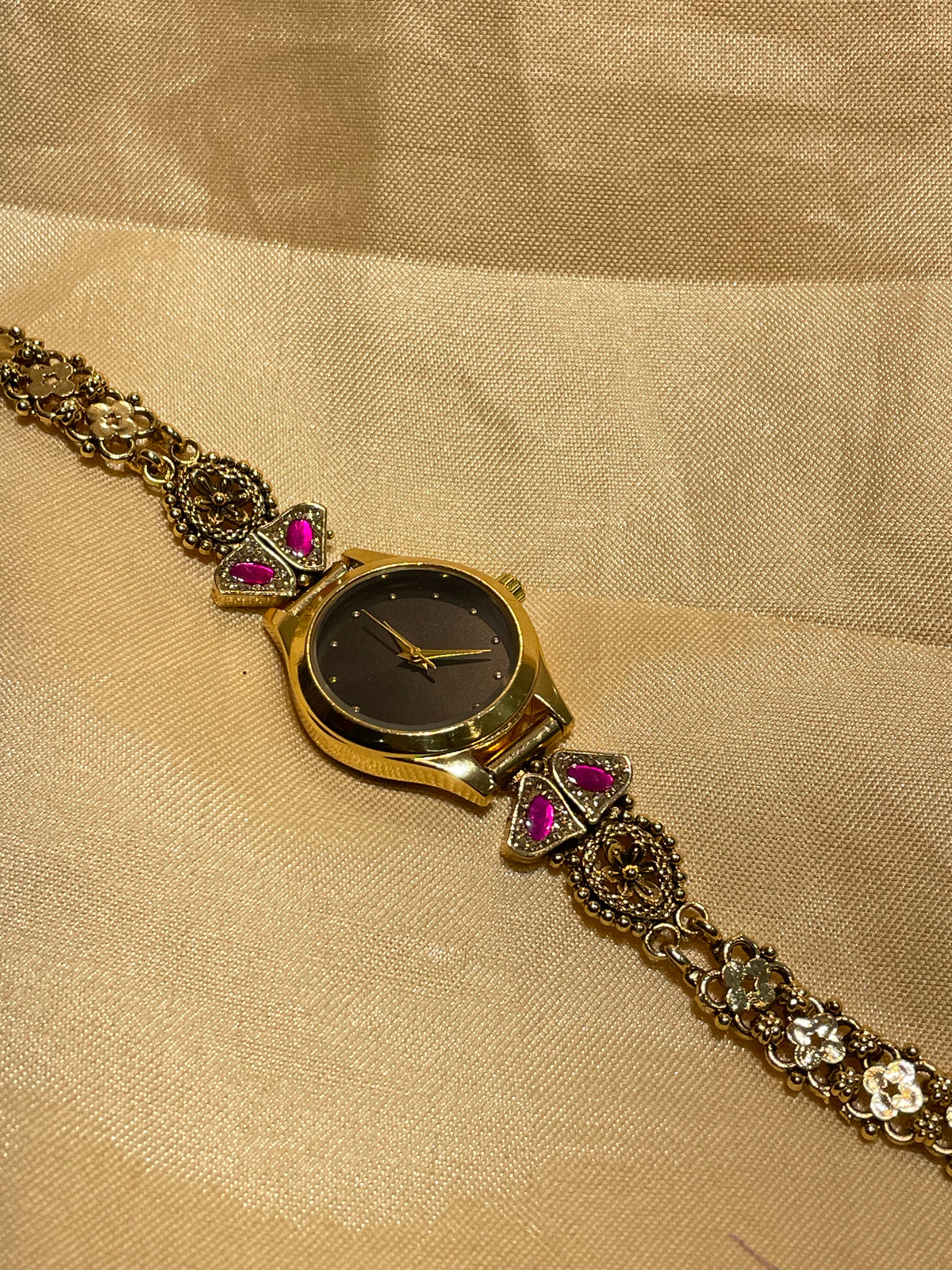 Antique gold ruby kundan bracelet watch