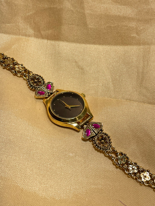Antique gold ruby kundan bracelet watch