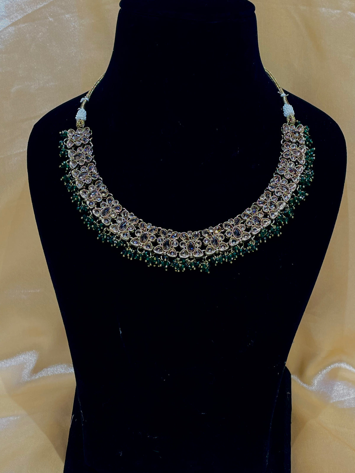 Kundan / Polki Jewelry Set with Green Bead Drops (Necklace, Earrings, and Maang Tikka)