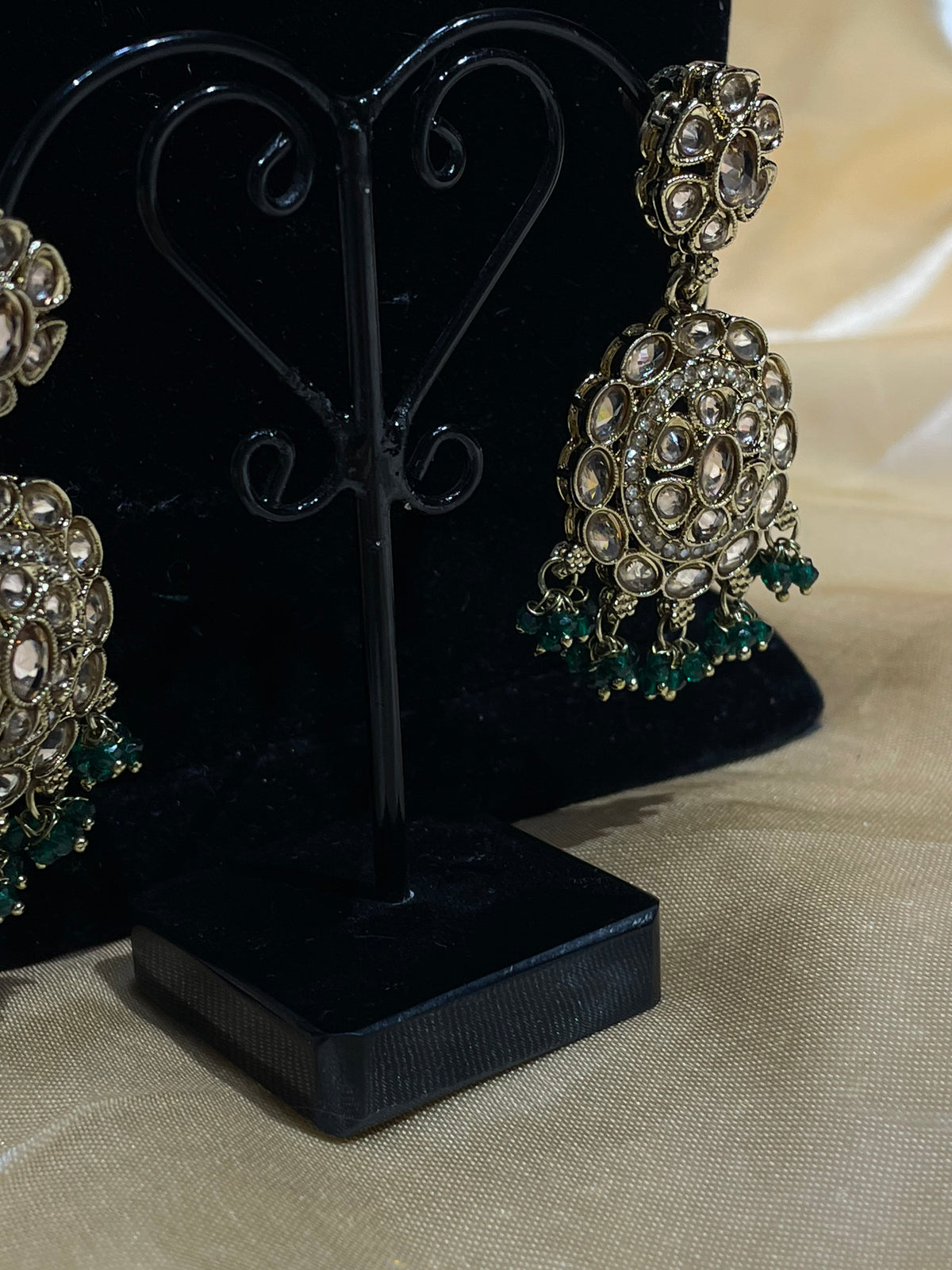 Kundan / Polki Jewelry Set with Green Bead Drops (Necklace, Earrings, and Maang Tikka)