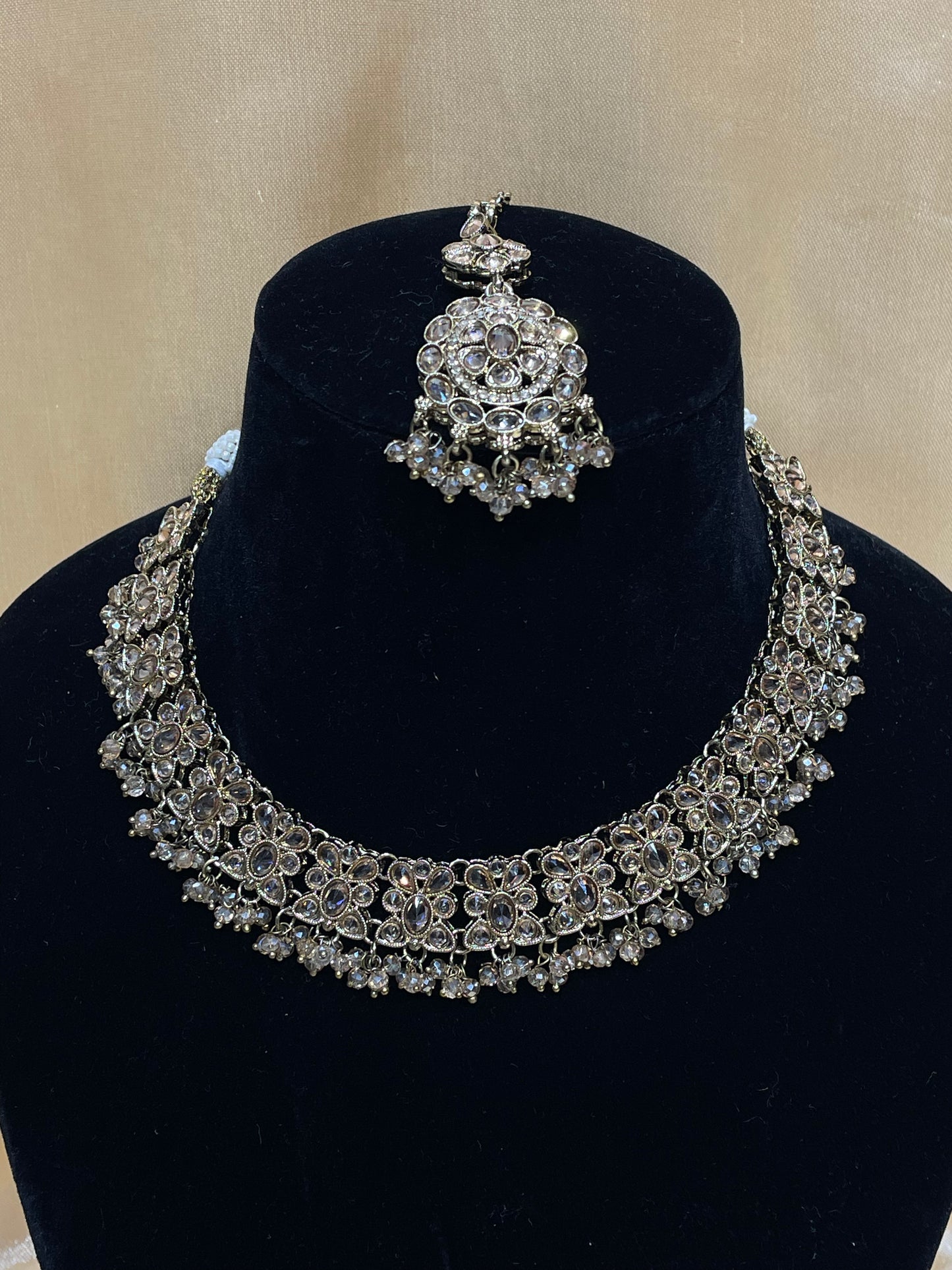 Silver American Diamond  Bridal Choker Set with Maang tikka